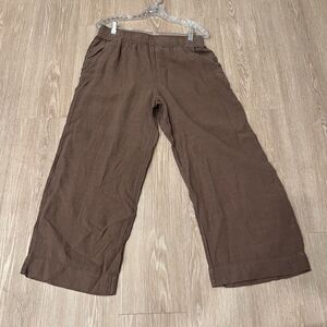 Tahari Essentials 100% Linen Pull On Pants Size Large Wide Leg Brown Beach Boho